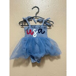 Baby Girl 0-3‎ Mo Blue USA Tutu Romper Outfit Patriotic 4th of July Sleeveless